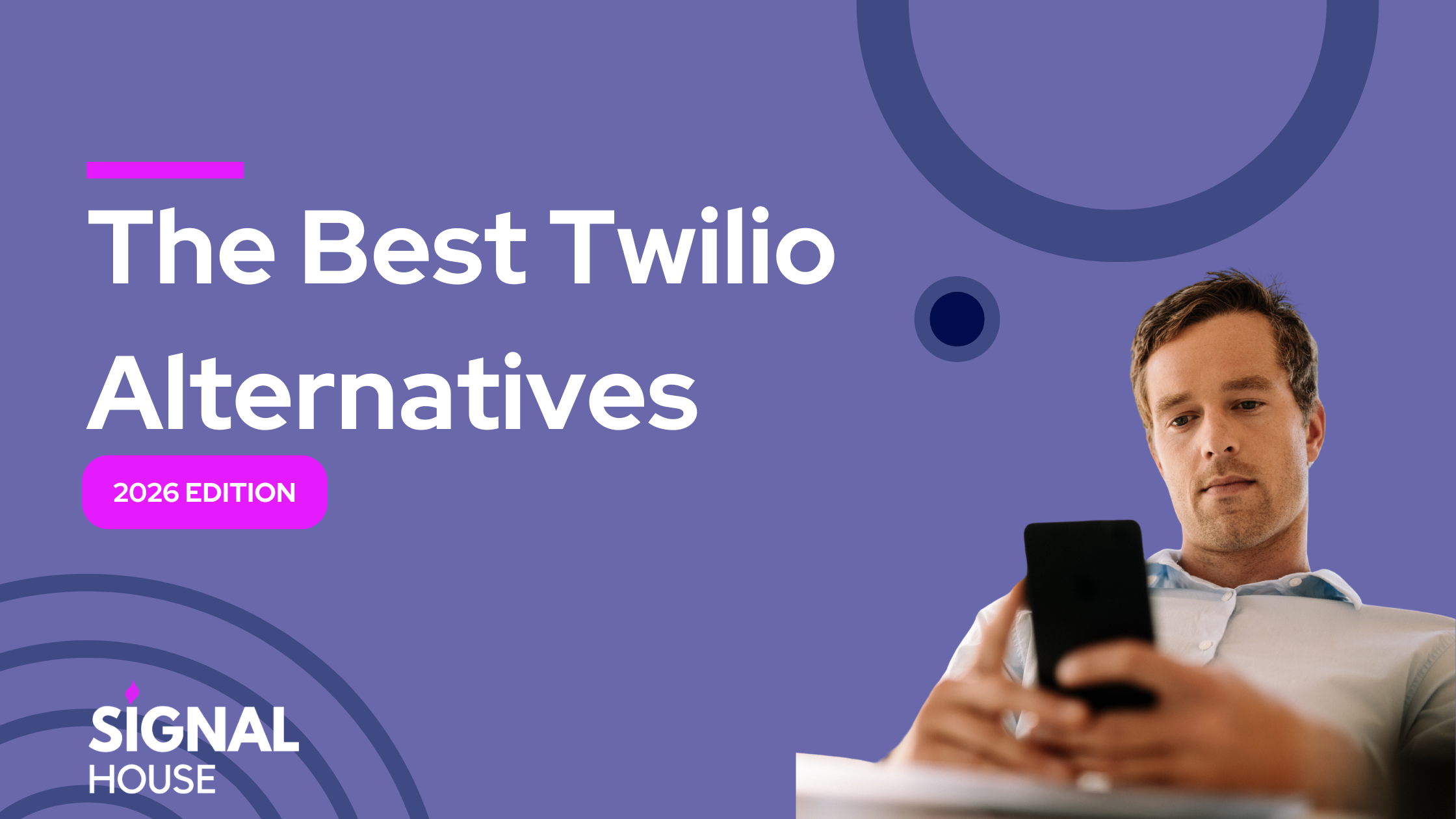 Bold purple banner reading 'The Best Twilio Alternatives 2026 Edition' with a man looking at a smartphone on the right; decorative circular shapes.
