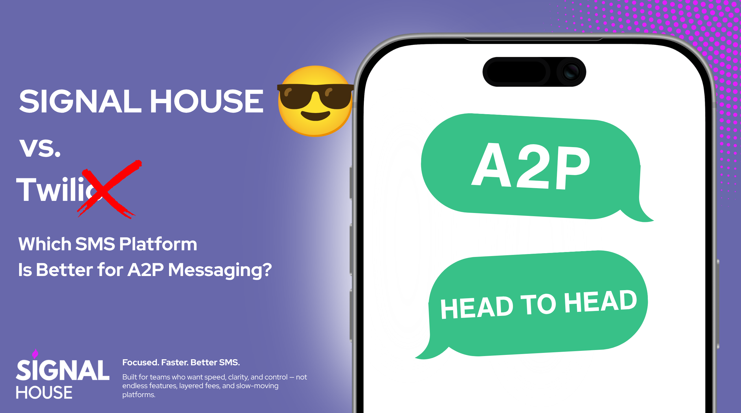 Featured image for Signal House vs Twilio. Includes the heading Signal House vs Twilio with a phone SMS conversation.