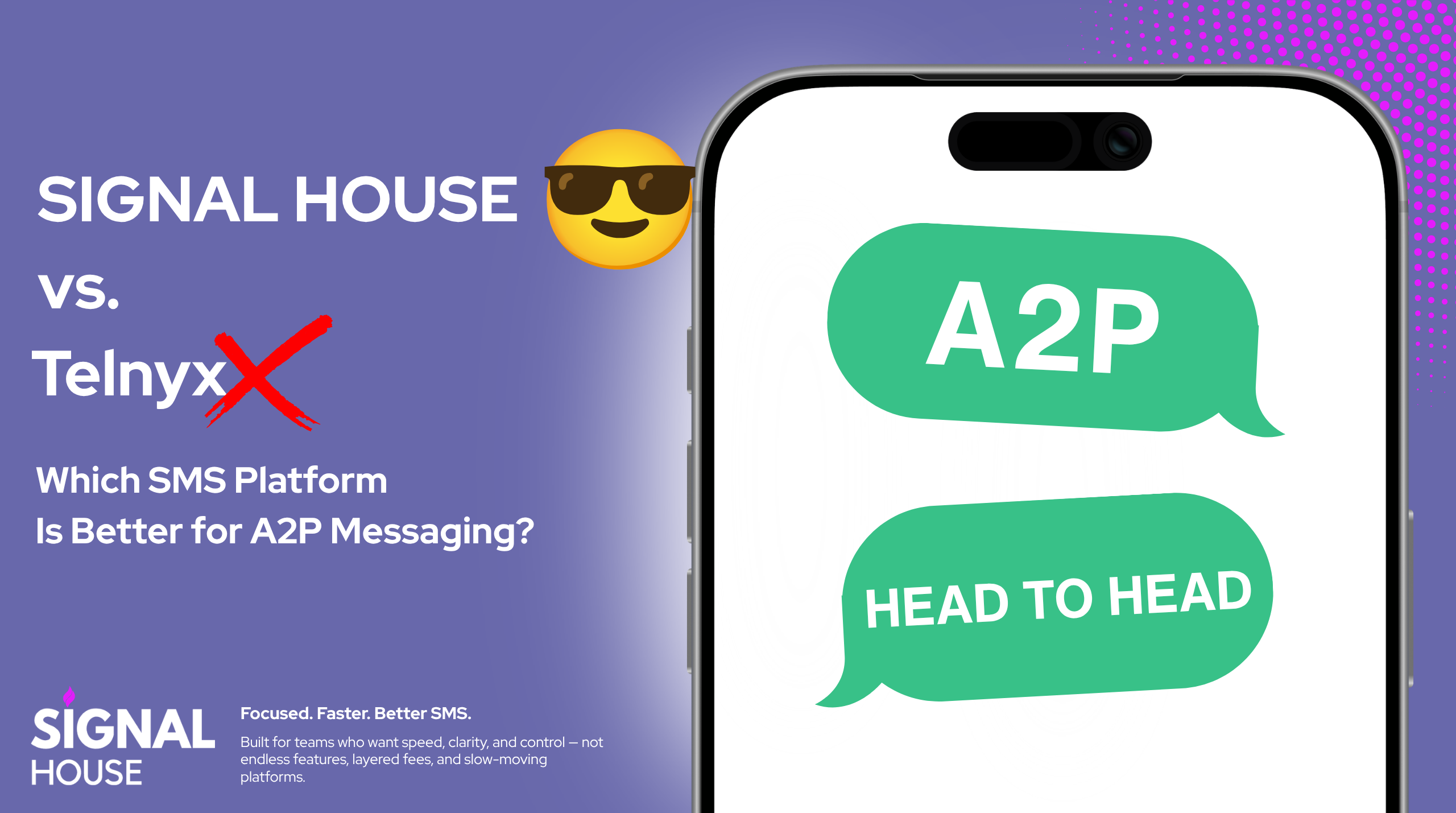 Comparison graphic showing SIGNAL HOUSE vs Telnyx on a purple background, asking which SMS platform is better for A2P messaging; phone image shows green chat bubbles.