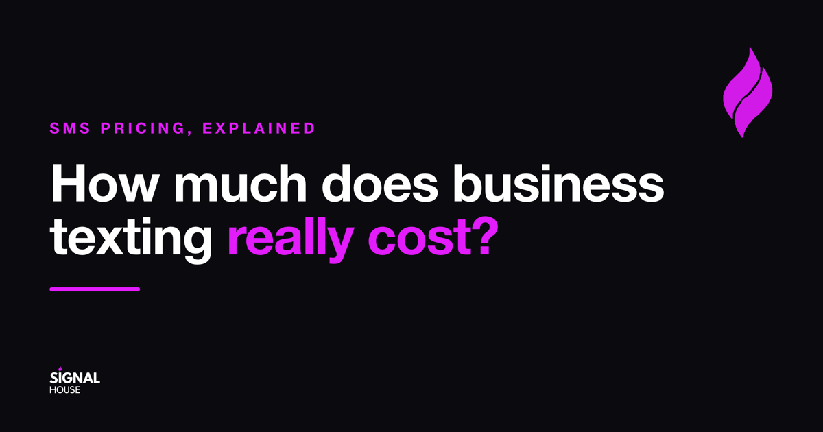 Banner announcing an article: 'How much does business texting really cost?' in white and purple on a dark background, with 'SMS pricing explained' caption, pink underline, purple flame logo top-right, and Signal House logo bottom-left.