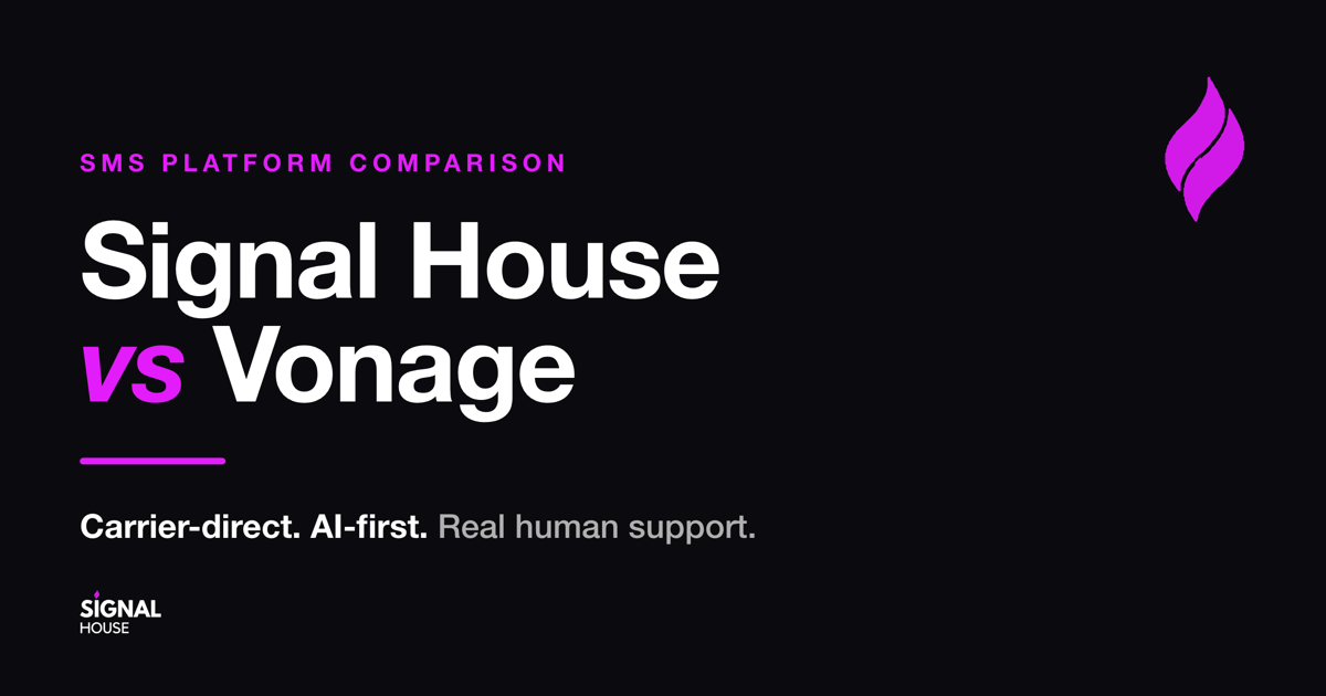 Hero banner for an SMS platform comparison: 'Signal House vs Vonage' with a purple 'VS' and tagline 'Carrier-direct. AI-first. Real human support.'